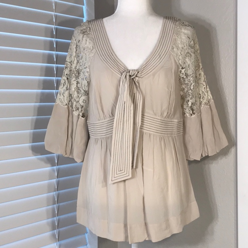 BCBGMaxAzria 100% Silk Blouse W/ Lace Detail